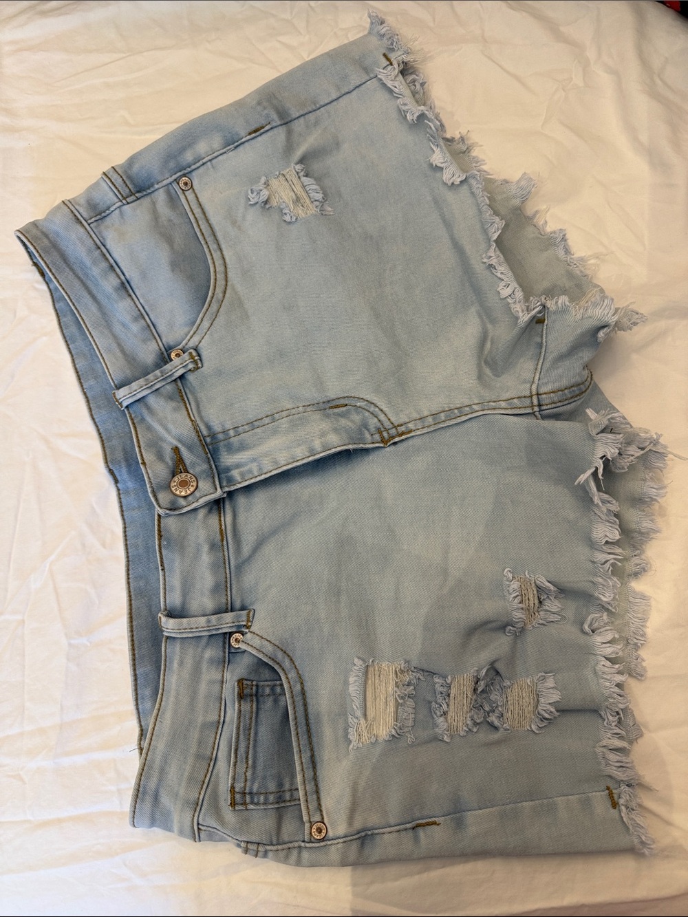 Amazon Light Blue Stretch Distressed Low Rise Denim Jean Shorts